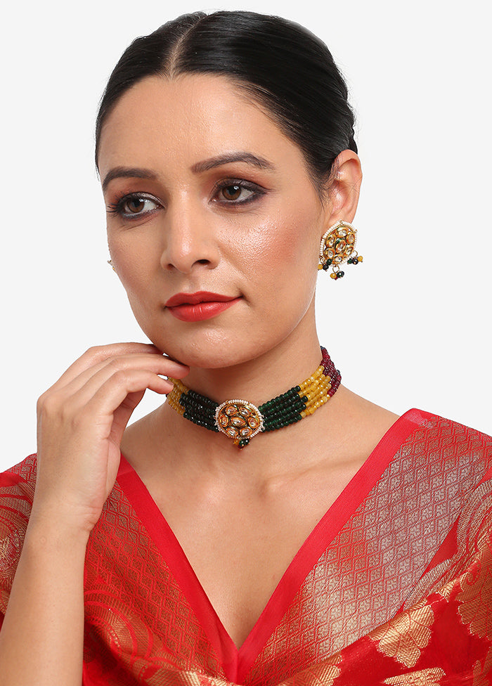 Multicolor Kundan Choker Necklace Set With Studs - Indian Silk House Agencies