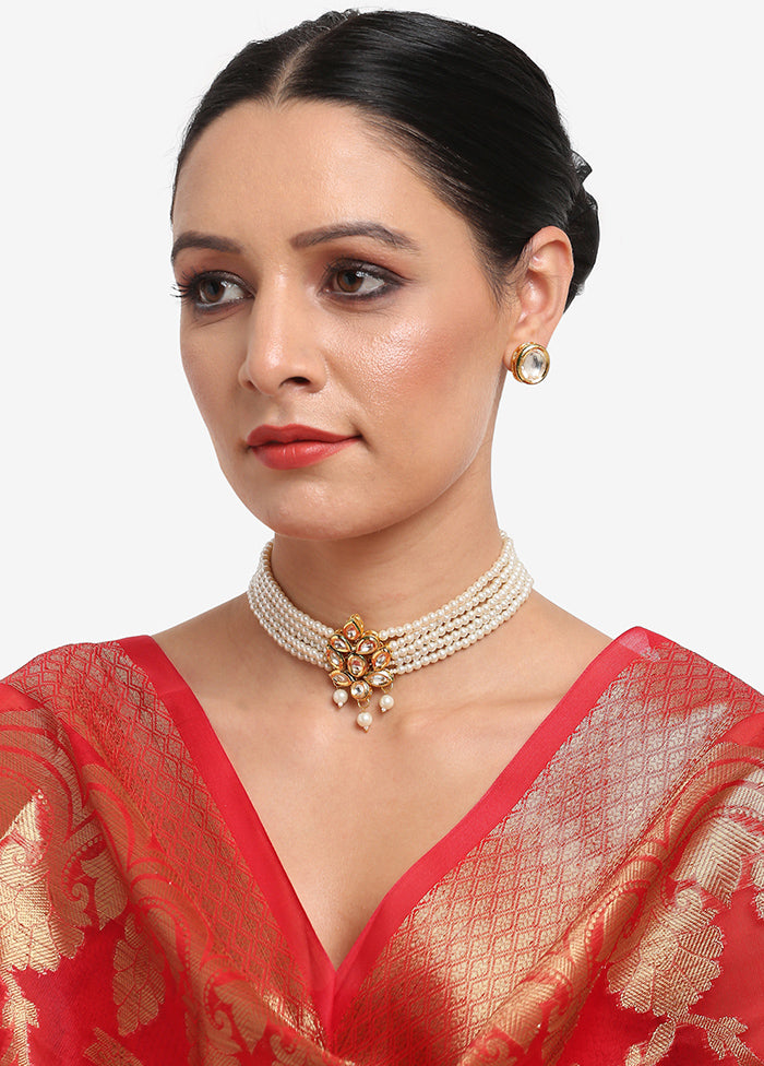 Pearl Kundan Choker Necklace Set With Studs - Indian Silk House Agencies