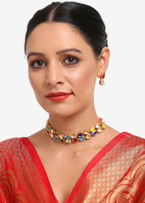 Multicolor Kundan Choker Necklace Set With Earrings - Indian Silk House Agencies