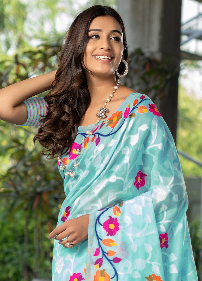 Sky Blue Pure Cotton Saree With Blouse Piece - Indian Silk House Agencies