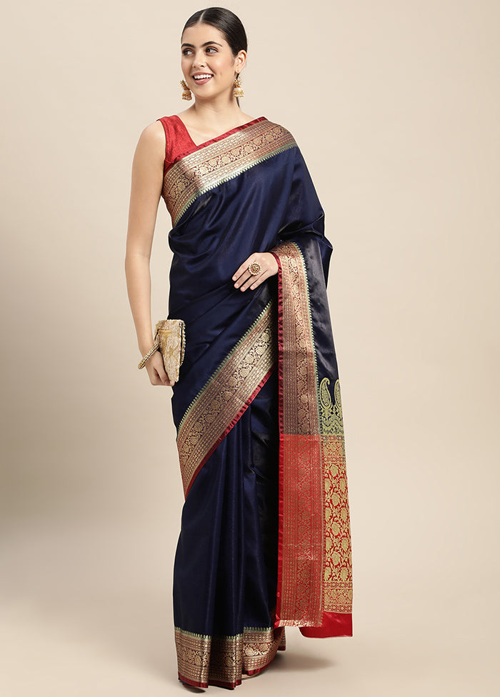 Navy Blue Dupion Silk Saree With Blouse Piece - Indian Silk House Agencies