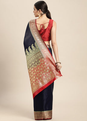 Navy Blue Dupion Silk Saree With Blouse Piece - Indian Silk House Agencies