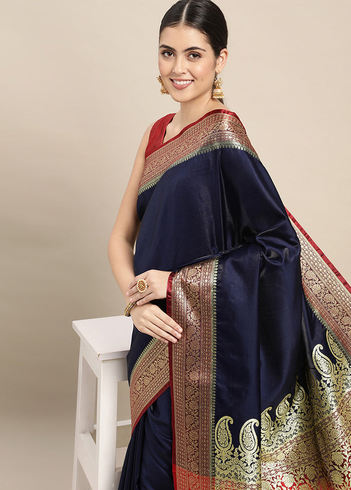 Navy Blue Dupion Silk Saree With Blouse Piece - Indian Silk House Agencies