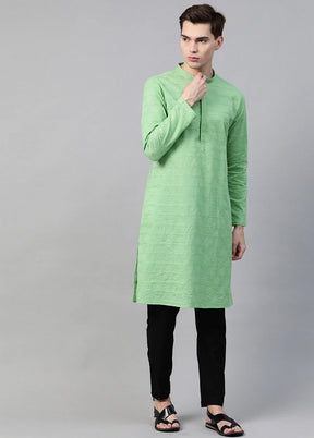 Cotton Full sleeve Chikankari Men Green Chikankari Embroidered Woven Design Straight Kurta VDVSD0596 - Indian Silk House Agencies