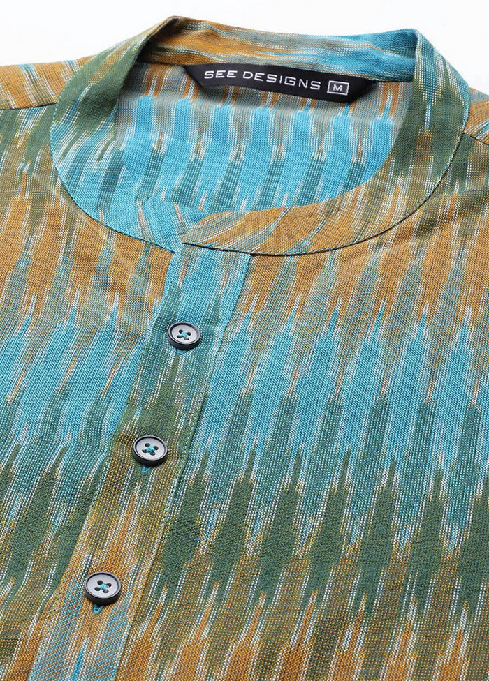 Cotton Full sleeve Handloom Men Multi Colour Ikat Woven Design Straight Kurta VDVSD0522 - Indian Silk House Agencies