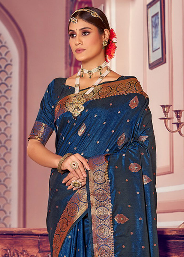 Navy Blue Spun Silk Saree With Blouse Piece - Indian Silk House Agencies