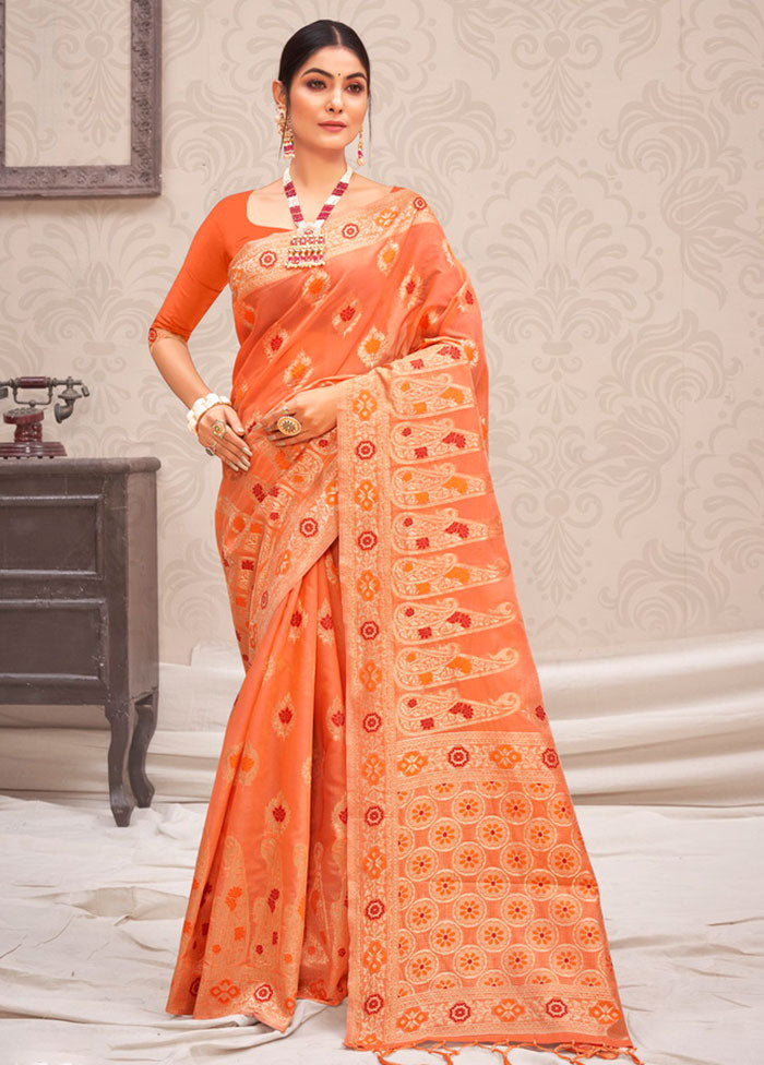 Orange Cotton Saree With Blouse Piece - Indian Silk House Agencies