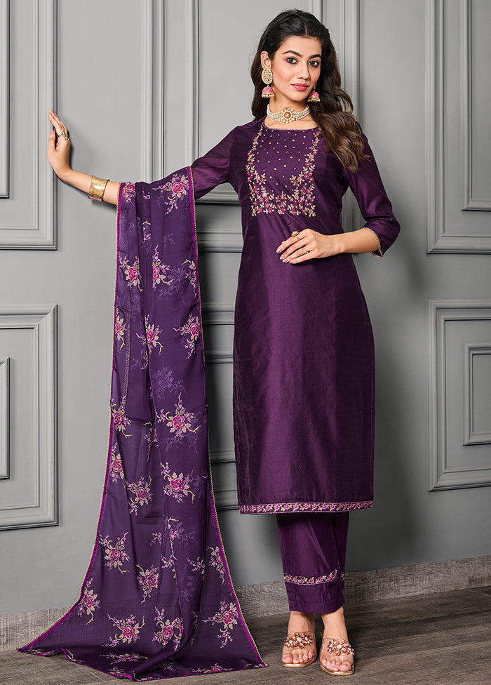 3 Pc Purple Readymade Cotton Suit Set - Indian Silk House Agencies