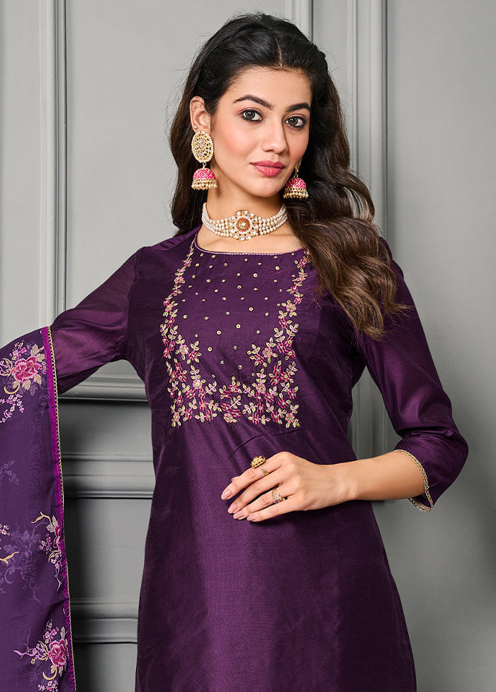 3 Pc Purple Readymade Cotton Suit Set - Indian Silk House Agencies