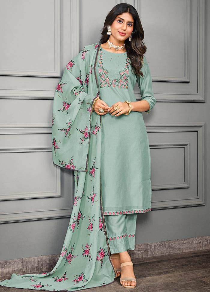 3 Pc Olive Green Readymade Cotton Suit Set - Indian Silk House Agencies