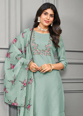 3 Pc Olive Green Readymade Cotton Suit Set - Indian Silk House Agencies