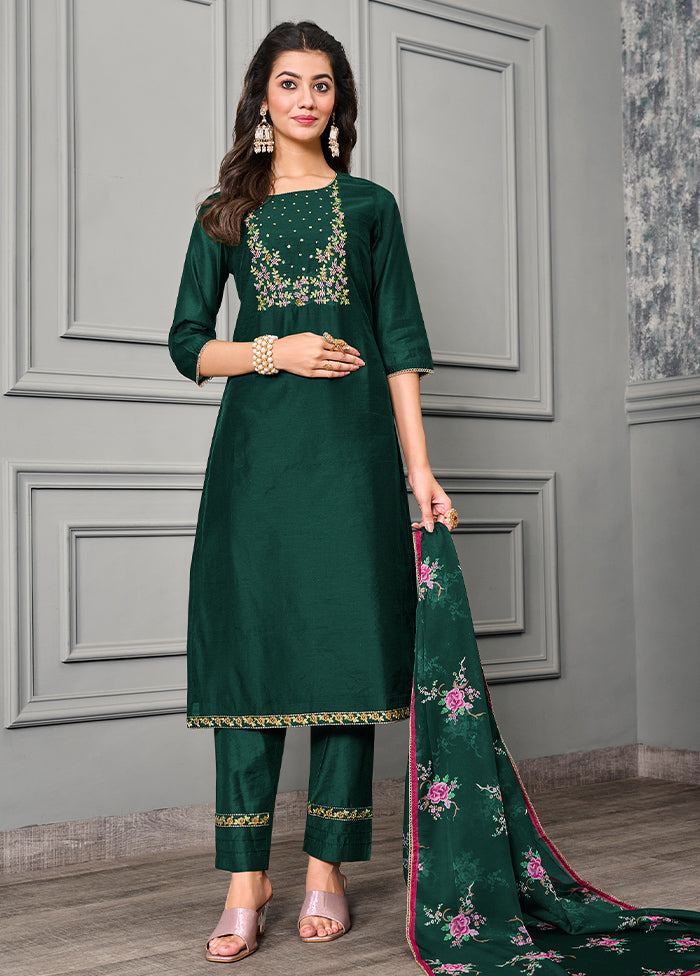 3 Pc Green Readymade Cotton Suit Set - Indian Silk House Agencies