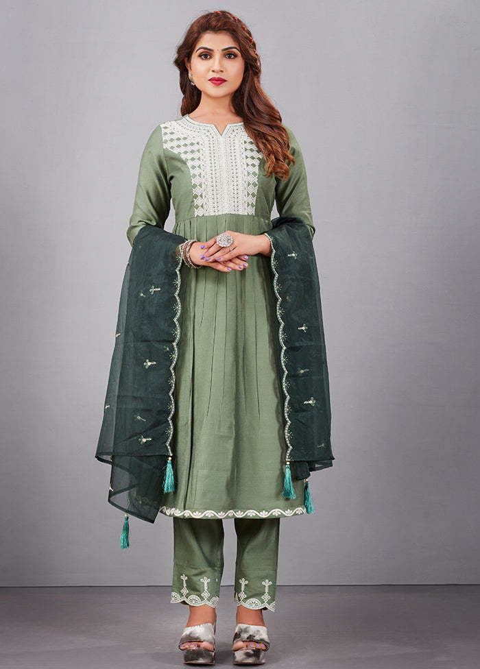 3 Pc Light Green Readymade Silk Suit Set - Indian Silk House Agencies