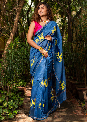 Blue Chanderi Silk Saree With Blouse Piece - Indian Silk House Agencies