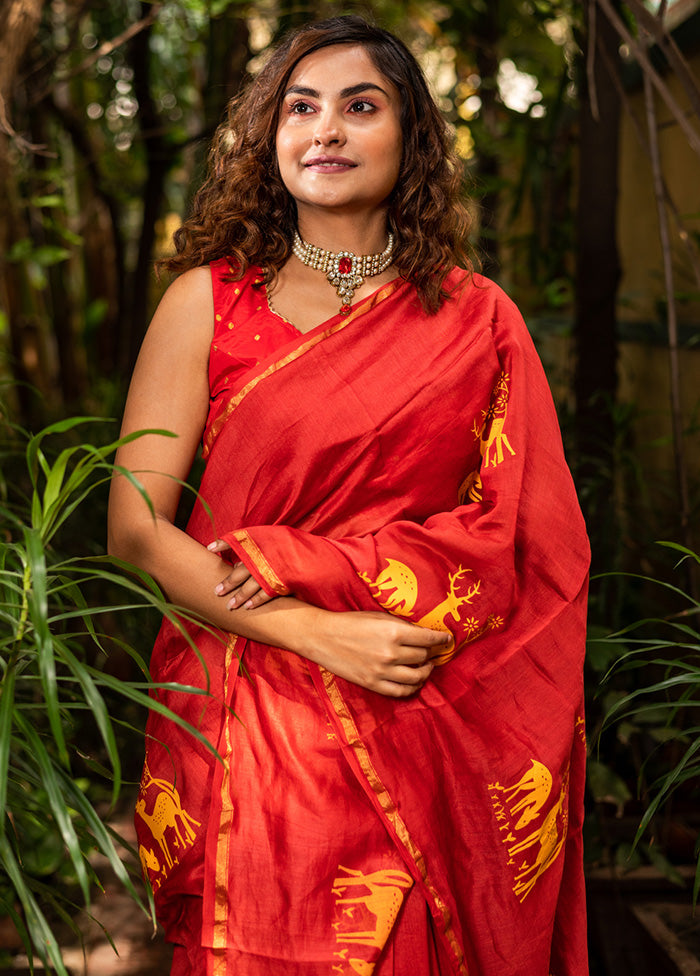Red Chanderi Silk Saree With Blouse Piece - Indian Silk House Agencies