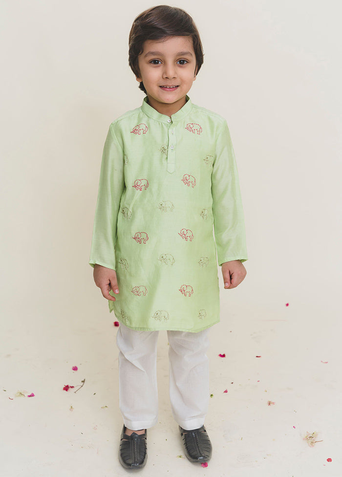 Green Silk Kurta Pajama Set For Boys - Indian Silk House Agencies