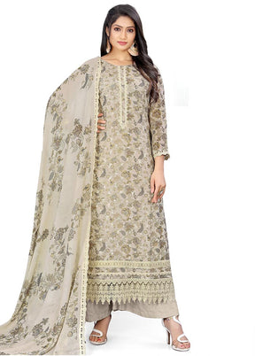 3 Pc Cream Unstitched Georgette Suit Set - Indian Silk House Agencies