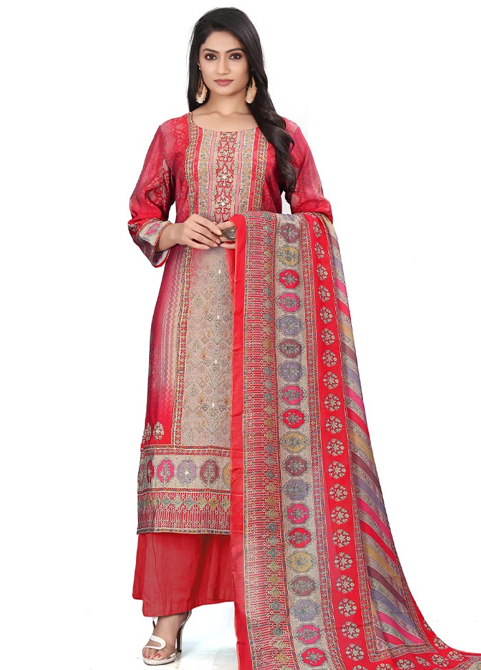 3 Pc Red Unstitched Silk Suit Set - Indian Silk House Agencies