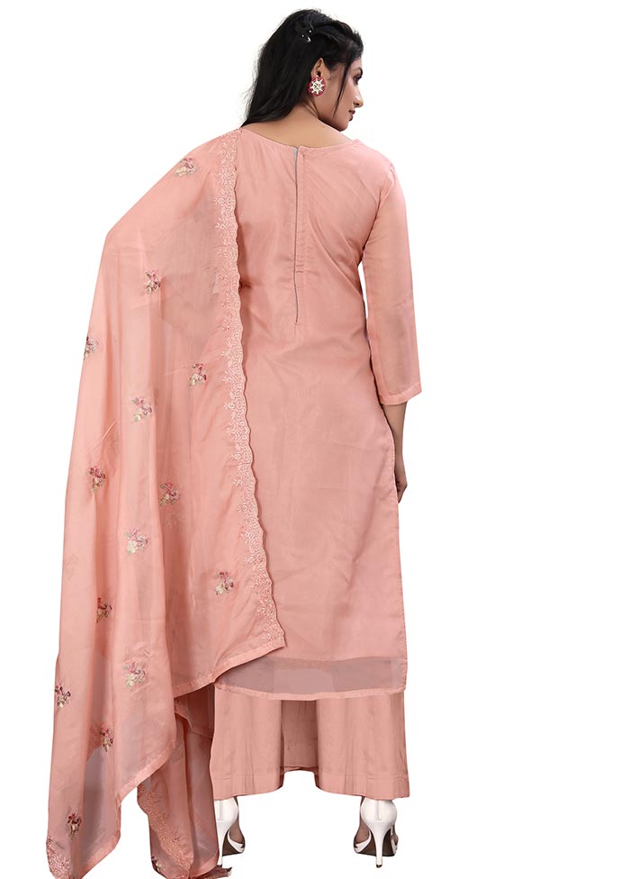 3 Pc Pink Unstitched Net Suit Set - Indian Silk House Agencies