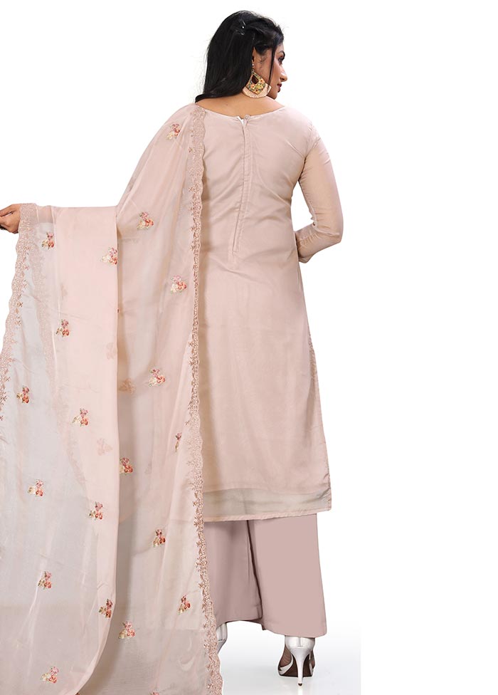 3 Pc Beige Unstitched Net Suit Set - Indian Silk House Agencies