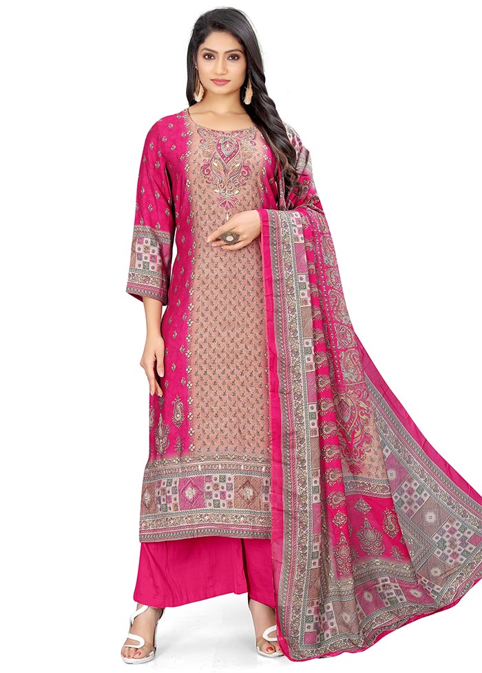 3 Pc Magenta Unstitched Silk Suit Set - Indian Silk House Agencies