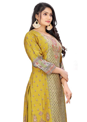 3 Pc Mustard Unstitched Silk Suit Set - Indian Silk House Agencies