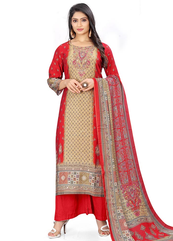 3 Pc Red Unstitched Silk Suit Set - Indian Silk House Agencies