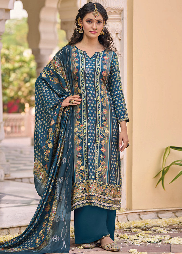 3 Pc Navy Blue Unstitched Cotton Suit Set - Indian Silk House Agencies