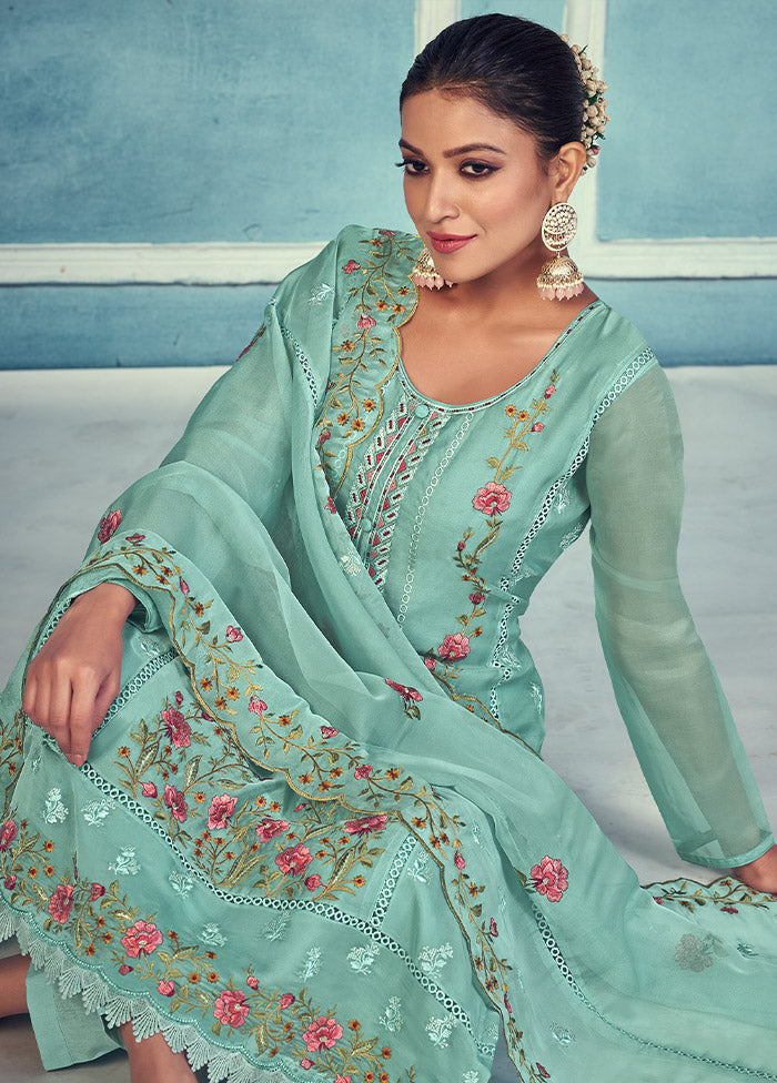 3 Pc Turquoise Unstitched Net Suit Set - Indian Silk House Agencies