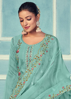 3 Pc Turquoise Unstitched Net Suit Set - Indian Silk House Agencies