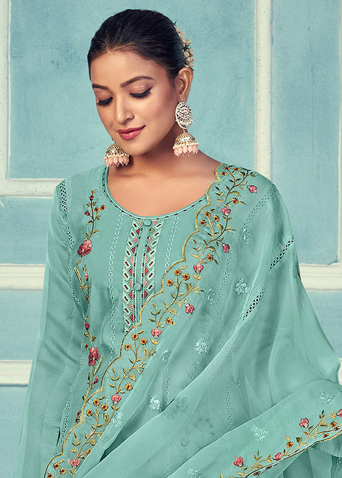 3 Pc Turquoise Unstitched Net Suit Set - Indian Silk House Agencies