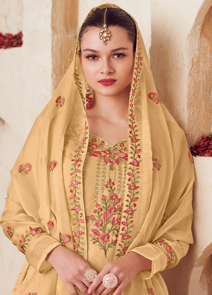 3 Pc Yellow Unstitched Net Suit Set - Indian Silk House Agencies