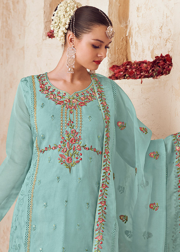 3 Pc Turquoise Unstitched Net Suit Set - Indian Silk House Agencies