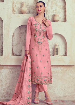 3 Pc Pink Unstitched Net Suit Set - Indian Silk House Agencies