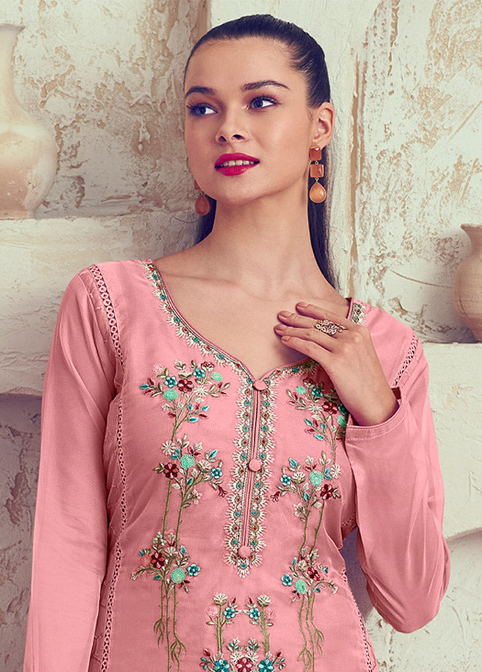 3 Pc Pink Unstitched Net Suit Set - Indian Silk House Agencies
