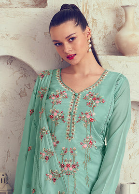 3 Pc Turquoise Unstitched Net Suit Set - Indian Silk House Agencies