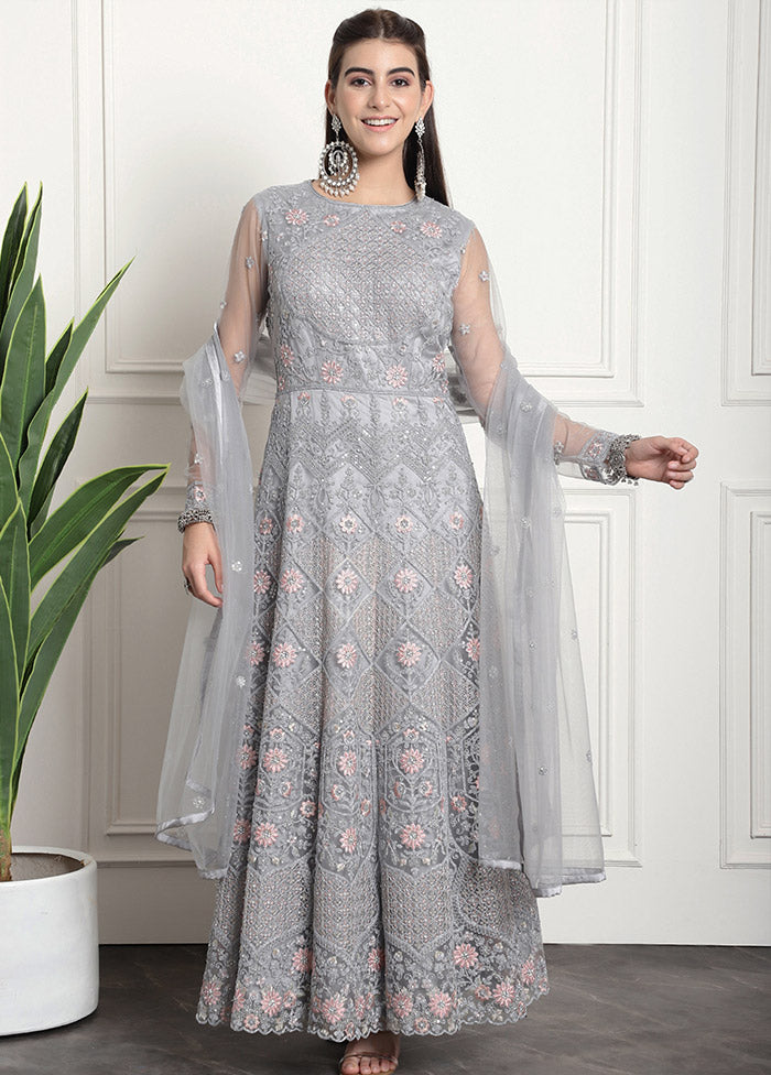 3 Pc Grey Unstitched Net Suit Set - Indian Silk House Agencies