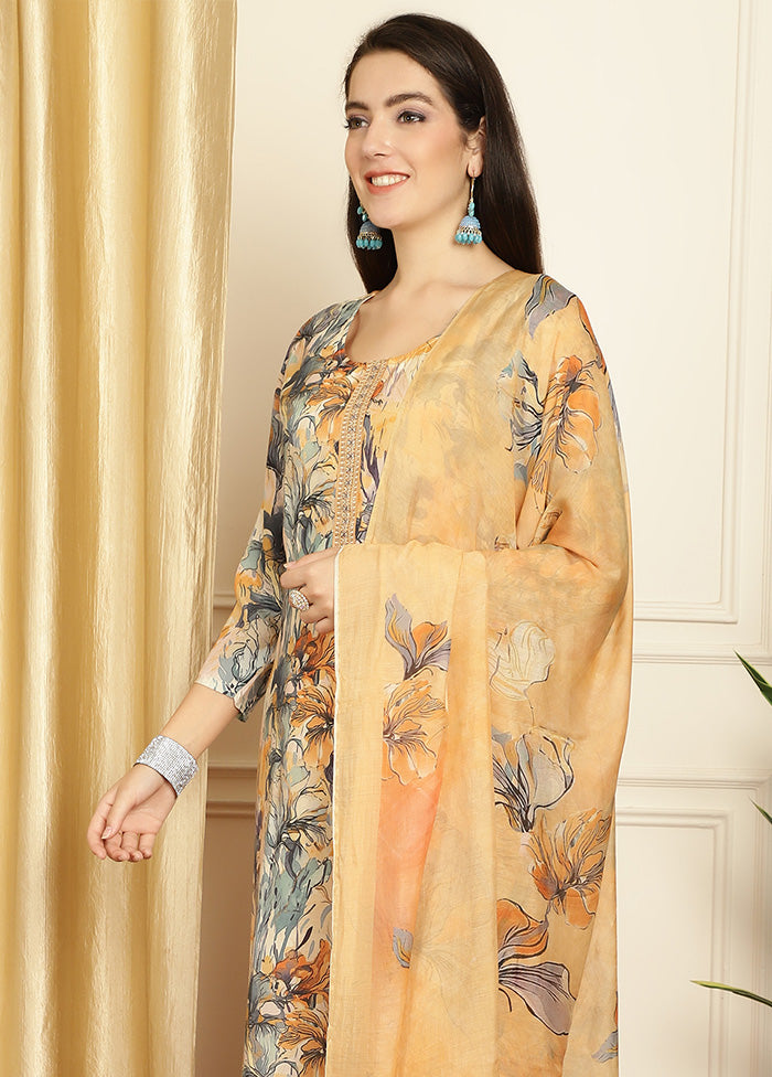 3 Pc Multicolor Unstitched Silk Suit Set - Indian Silk House Agencies