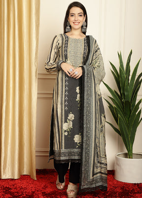 3 Pc Black Unstitched Pashmina Suit Set - Indian Silk House Agencies