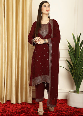 3 Pc Maroon Unstitched Georgette Suit Set - Indian Silk House Agencies