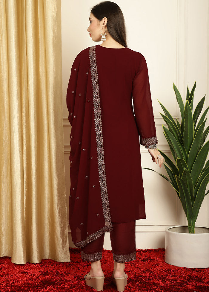 3 Pc Maroon Unstitched Georgette Suit Set - Indian Silk House Agencies