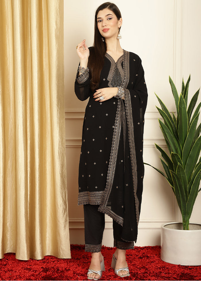 3 Pc Black Unstitched Georgette Suit Set - Indian Silk House Agencies