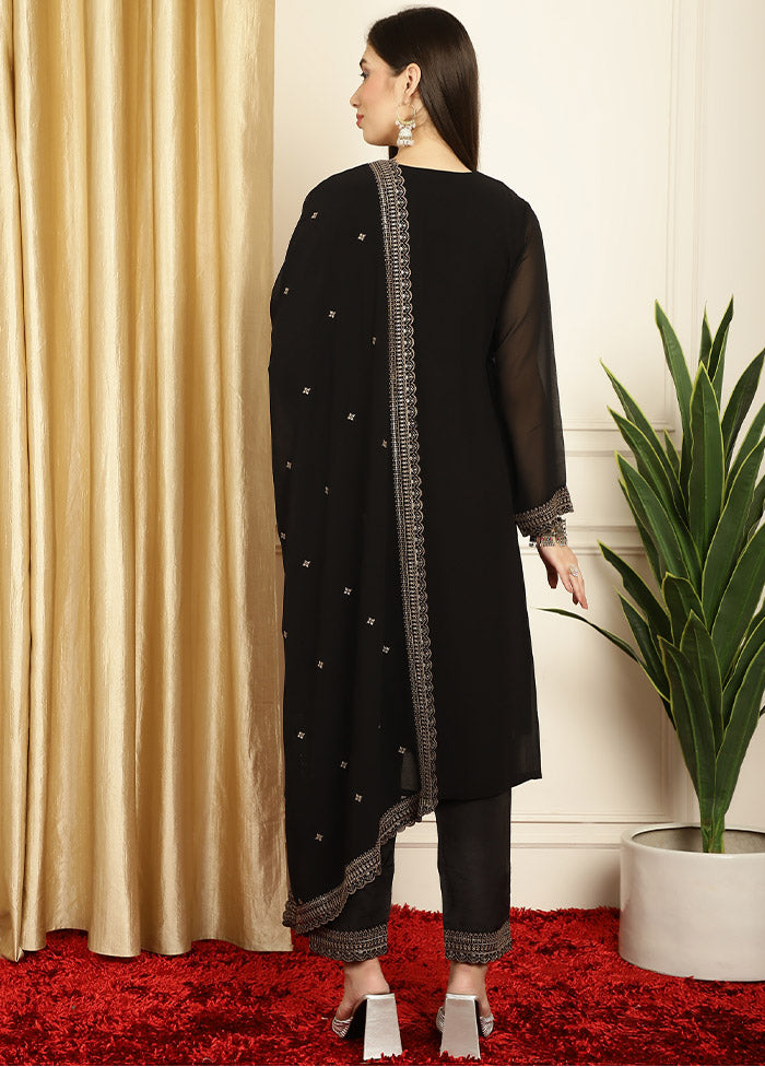 3 Pc Black Unstitched Georgette Suit Set - Indian Silk House Agencies