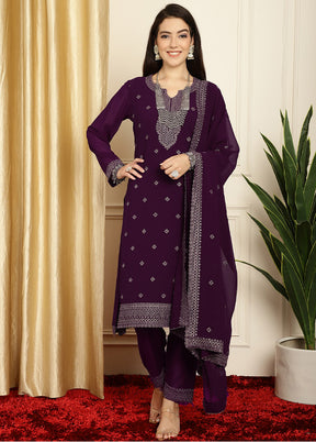 3 Pc Burgundy Unstitched Georgette Suit Set - Indian Silk House Agencies