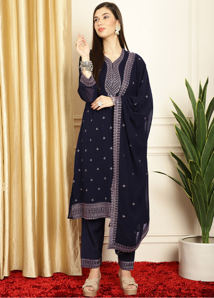 3 Pc Navy Blue Unstitched Georgette Suit Set - Indian Silk House Agencies