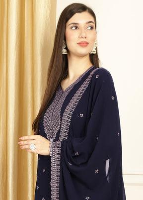 3 Pc Navy Blue Unstitched Georgette Suit Set - Indian Silk House Agencies