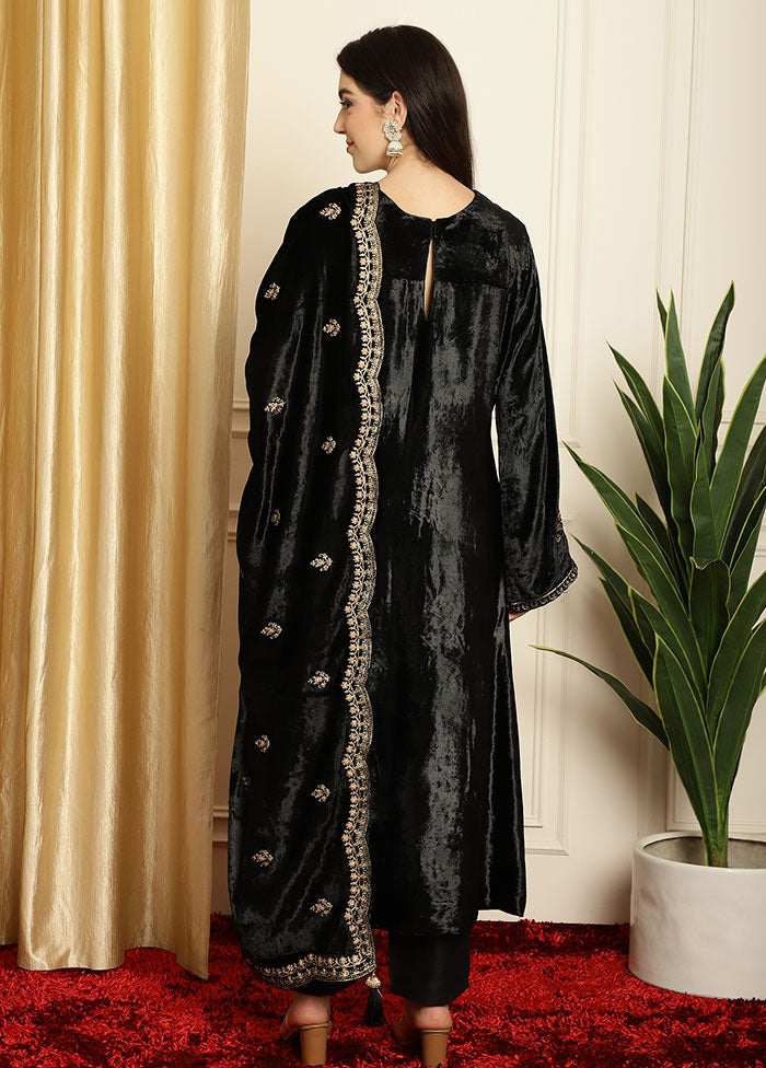 3 Pc Black Unstitched Velvet Suit Set - Indian Silk House Agencies