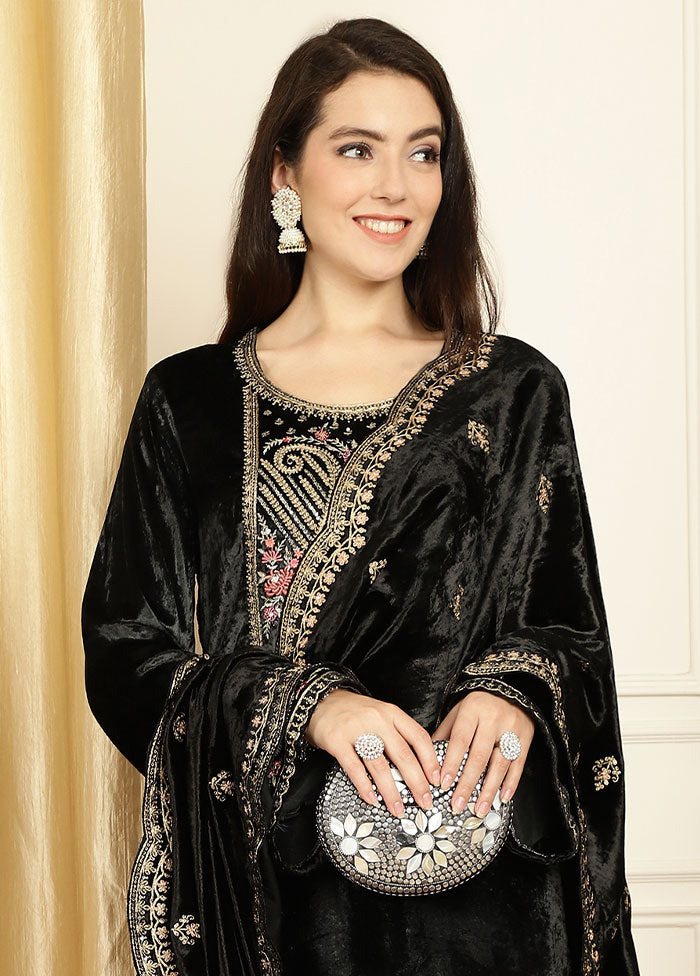 3 Pc Black Unstitched Velvet Suit Set - Indian Silk House Agencies