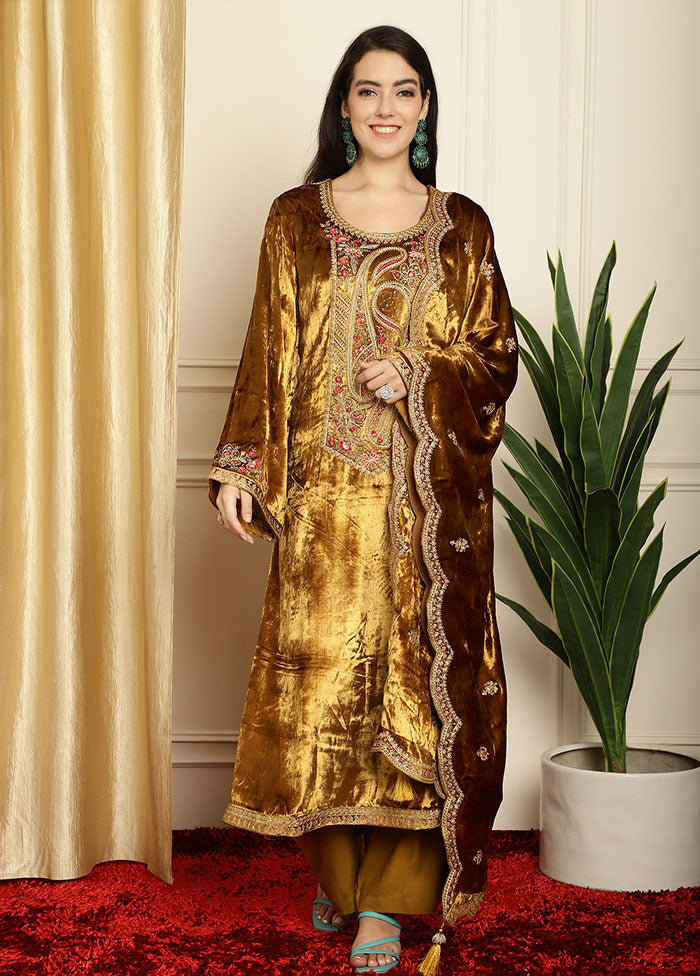 3 Pc Golden Unstitched Velvet Suit Set - Indian Silk House Agencies