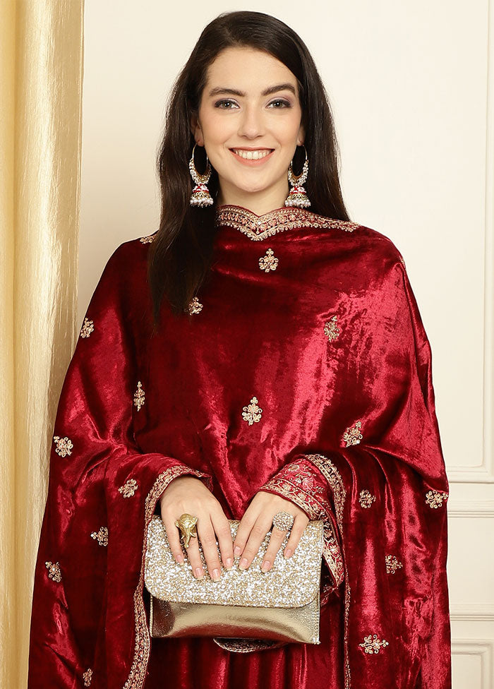 3 Pc Maroon Unstitched Velvet Suit Set - Indian Silk House Agencies